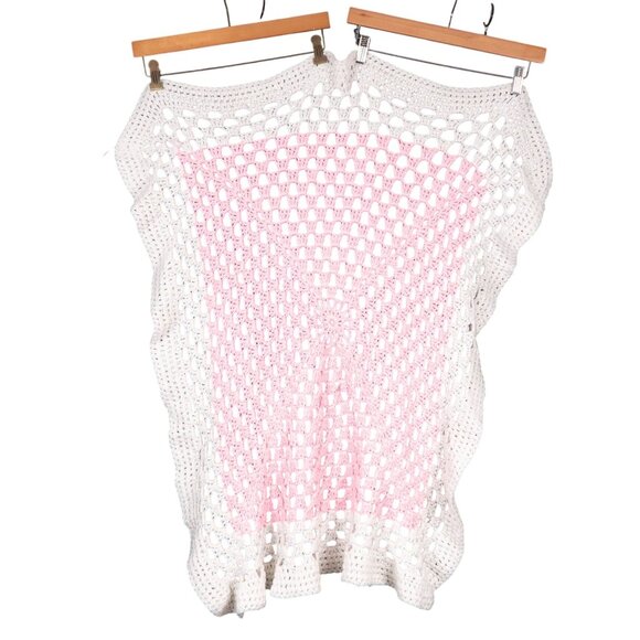 Handmade Crochet Baby Blanket Pink White Soft Open Knit Nursery Decor - Picture 1 of 5